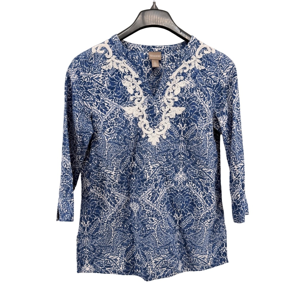 Chico's Tunic Women's 0/Small Pre-Owned Top Blue Damask Paisley Embroidered Lace
